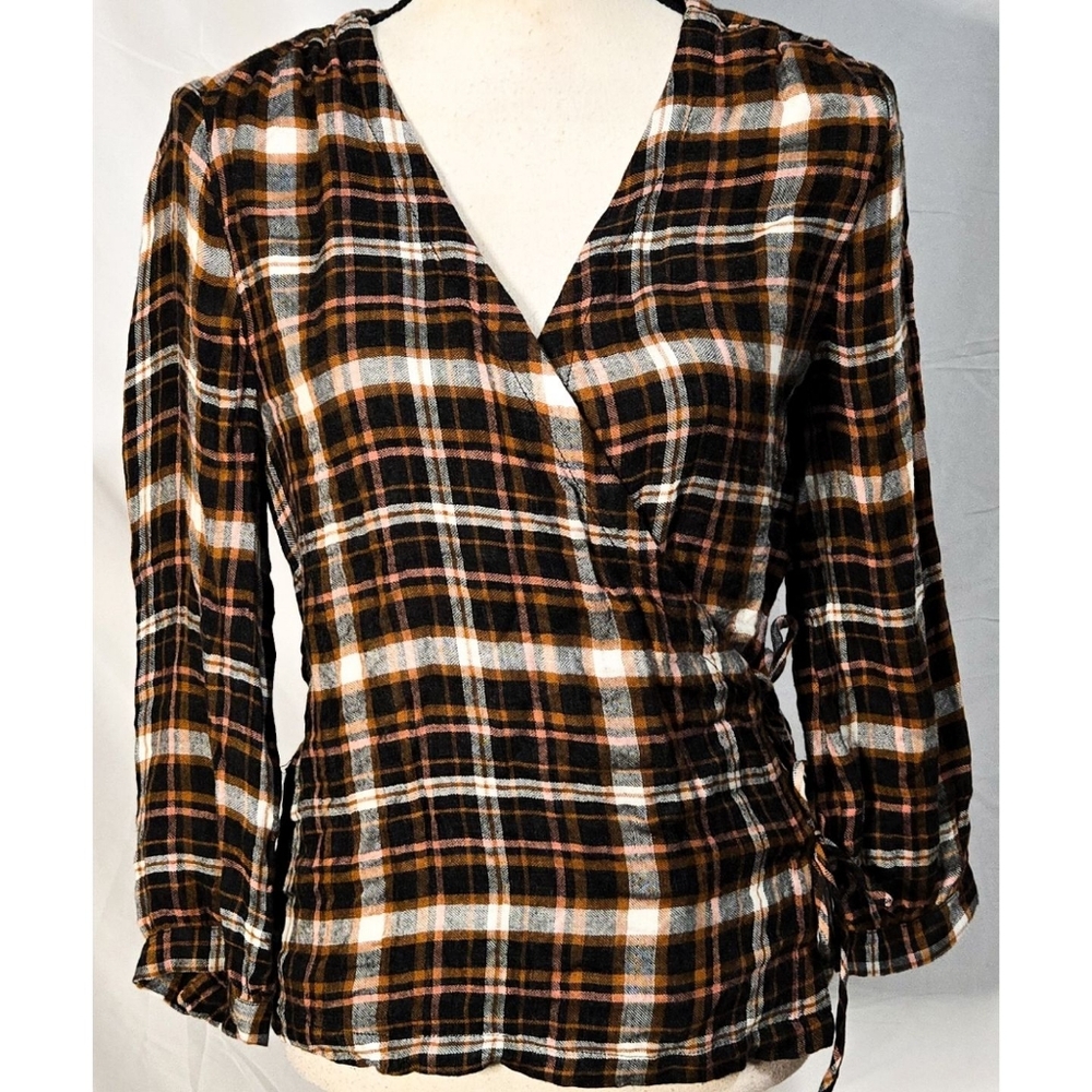 Madewell Flannel Plaid Wrap Top Black Brown White Long Sleeve